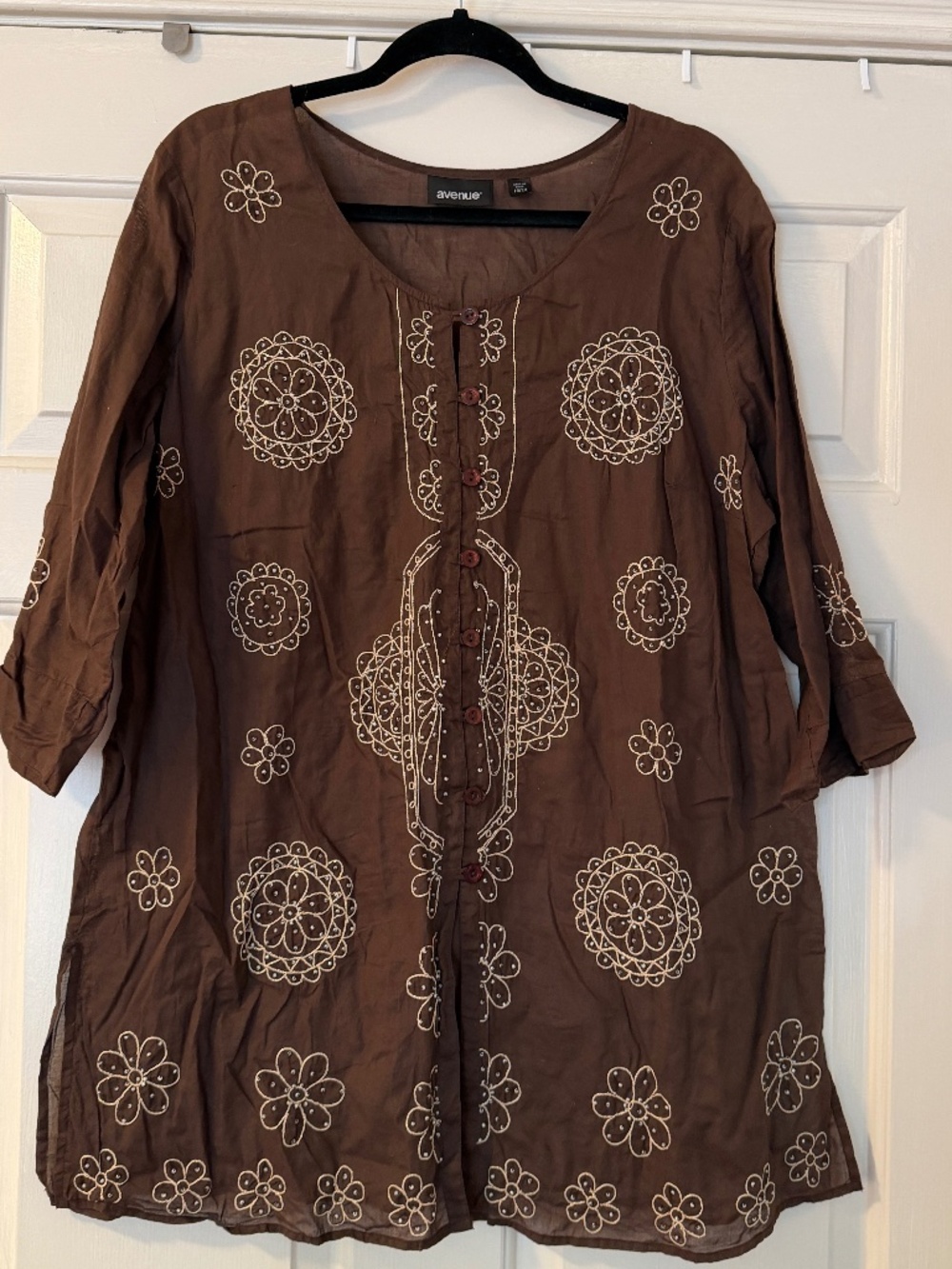 Avenue Brown Semi-Sheer Embroidered Tunic Women's 18/20 100% Cotton Bohemian